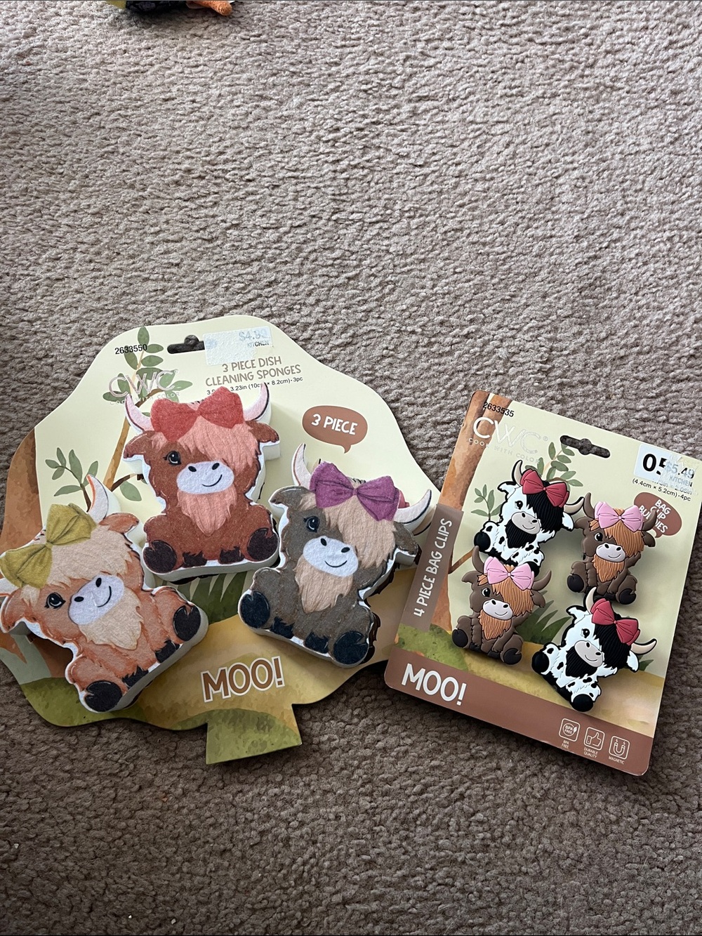 MOO! Plush Cow & Highland Cow Sponges and Bag Clip Set - Brown & White